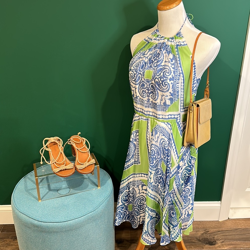Vineyard Vines silk lined sz 4 blue and chartreuse halter dress EUC